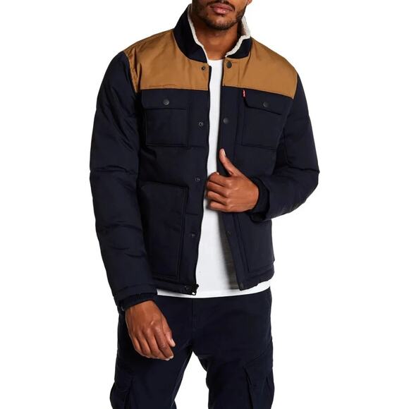 NWT Levi’s Men’s Sherpa Lined Puffer Jacket Blue Brown Collar Winter Coat Large - Picture 1 of 13